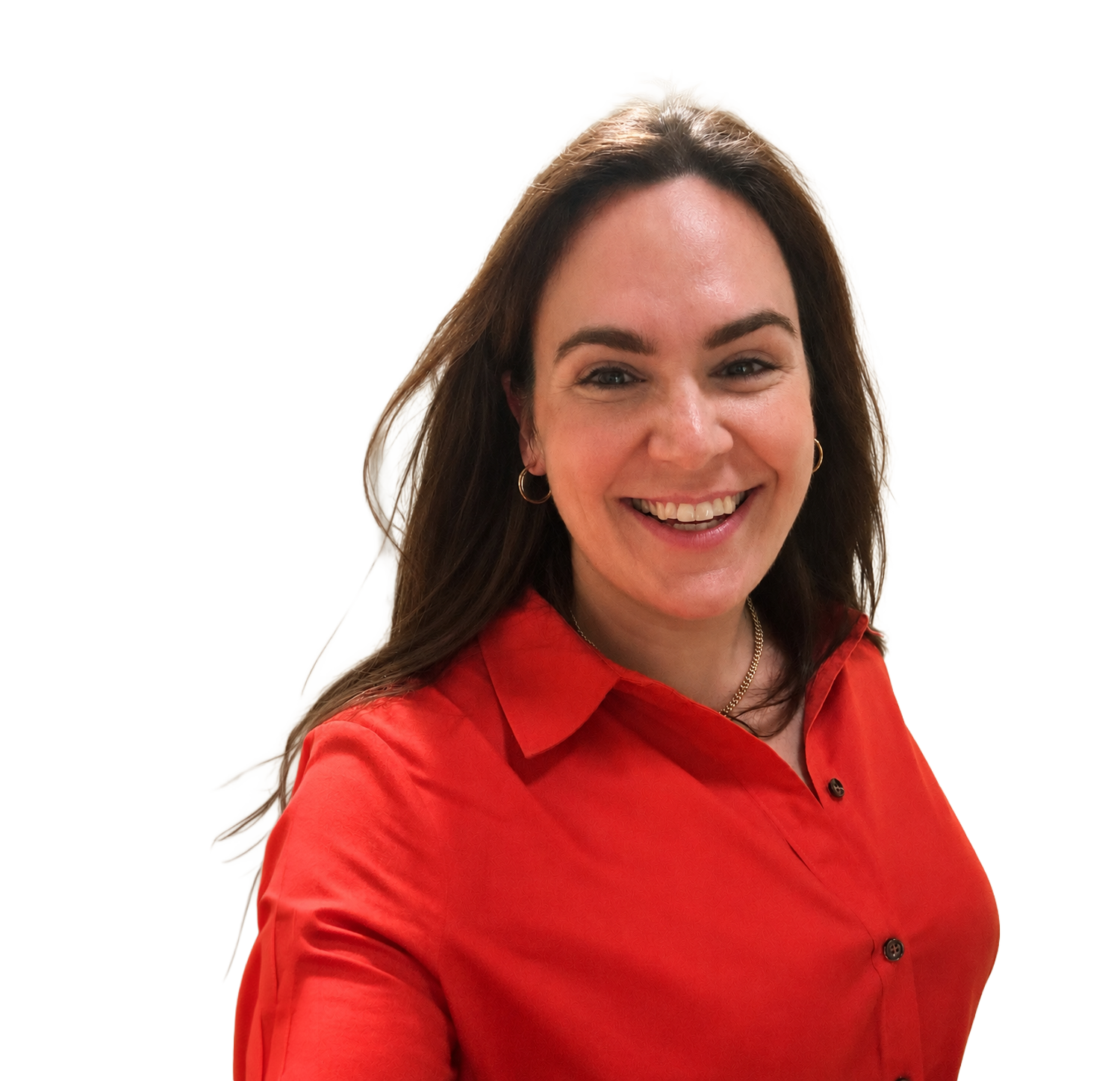 Claire Gothard, smiling, wearing a red shirt